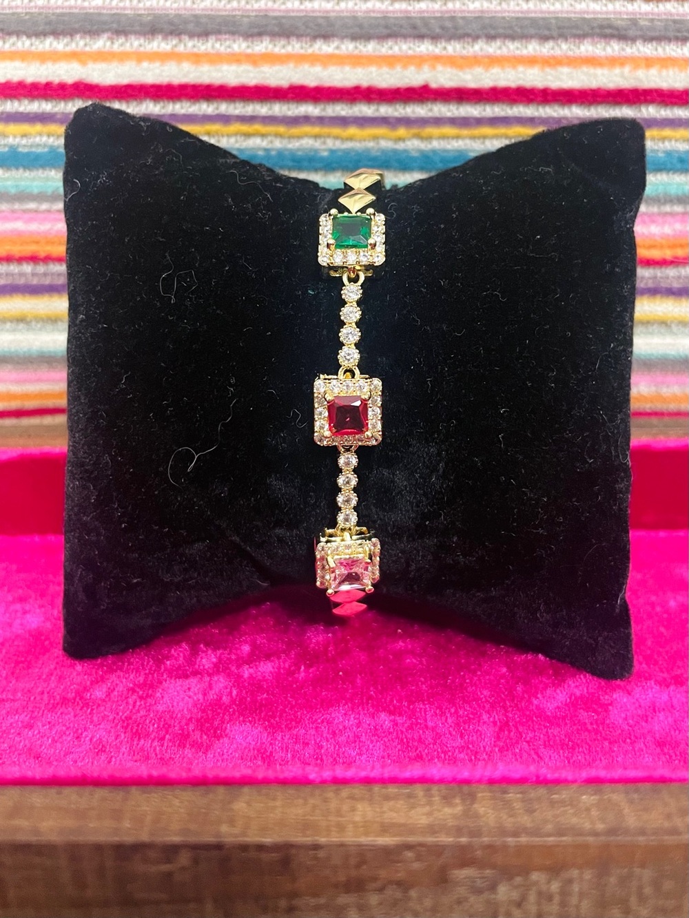 Gold Filled Tricolor CZ Square Halo Station Tennis Bracelet Pink Red Green NWOT